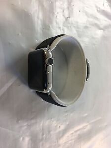 Apple Watch 38mm Silver Stainless Case Black Leather Band MJYM2LL/A Rare