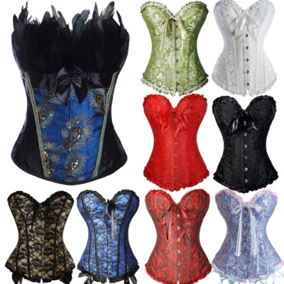 Women Black Overbust Boned Corset Burlesque Basque Top Lace-Up Costume Size 6-24 - Image 1 of 4