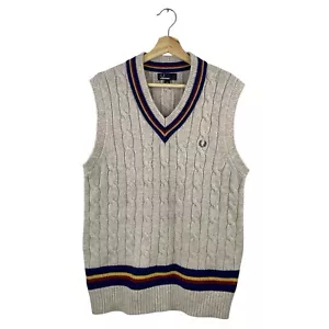 Fred Perry Jumper Cricket Cable Knit Vest Lambswool Retro Tank Top Men's L - Picture 1 of 7