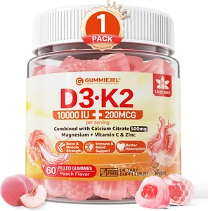 Sugar-Free Vitamin D3 K2 Filled Gummies 5000IU / 10,000 IU with 500mg Calcium + - Picture 1 of 8