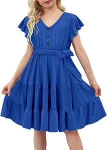 Storeofbaby Girls Short Sleeve Dress V Neck Button Ruffle Hem Dresses with Belt - Picture 1 of 10