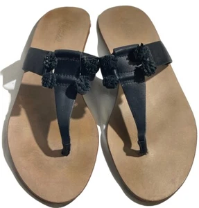 Loeffler Randall Sosie Pom Pom Thong Sandals Black Leather Size 9.5 Casual Flat - Picture 1 of 6