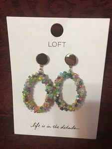 LOFT New Gold Post Multicolored Beaded Medium/Large Oval Hoop Pierced Earrings - Picture 1 of 5