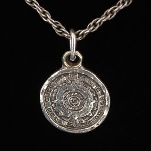 VTG Sterling Silver - MEXICO Mayan Sun Calendar Pendant 20" Necklace - 7g