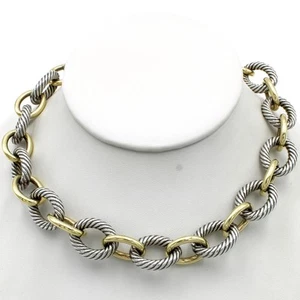 David Yurman Sterling Silver & 18K Gold Cable Oval Link 16in Necklace #S2521-2 - Picture 1 of 7
