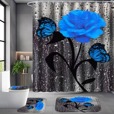 4 Pcs Bathroom Set,Blue Rose Shower Curtain Sets, Floral Shower Curtain Sets wit - Image 1 of 4