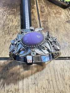 Whiting & Davis Purple Art Glass Floral Design Silver Tone Hinged Bracelet VTG - Picture 1 of 11