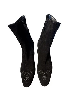 Chanel Vintage Logo Black Suede Embroidered Boots Size 6 EU 36 - Image 1 of 3