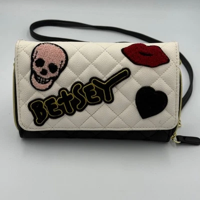 Betsey Johnson Black Quilted Heart Crossbody Handbag with Turn-lock Bow - Image 1 of 4