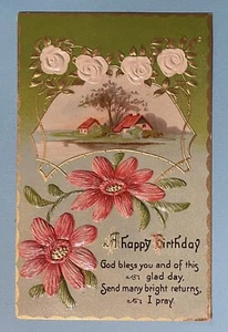 ANTIQUE 1912 EMBOSSED POSTCARD HAPPY BIRTHDAY GOD BLESS PINK FLOWERS GERMANY - Picture 1 of 2