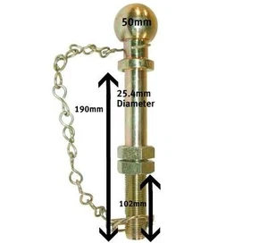 ENGANCHE DE BOLA DE REMOLQUE 25mm Pin 50mm Quad Tractor Roscado Largo 190mm 25.4mm Cat 2 Cadena - Imagen 1 de 2