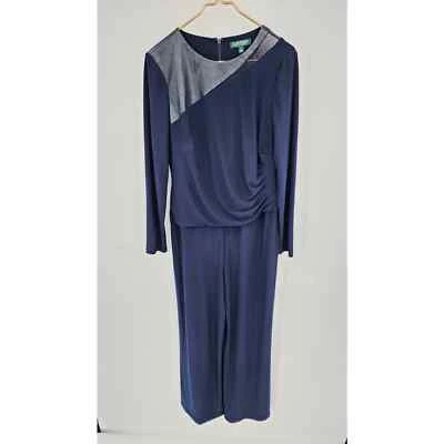 Ralph Lauren Navy Faux Leather-Trim Long-Sleeve Jersey Jumpsuit Plus Size 16 - Image 1 of 4