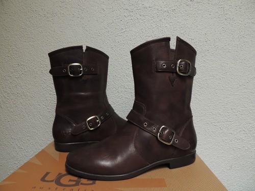 STIVALI UGG FRANCES MARRONI BICOLORE PELLE FIBBIA SHEARLING US 7 EUR 38 ~NUOVI