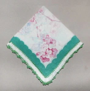 "Guanto de seda de colección centro blanco flores rosa borde verde 12 1⁄2"" x 12 1⁄2""" - Imagen 1 de 6