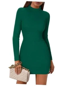 Women's Sexy Bodycon Dress Long Sleeve Slim Fit Turtleneck Dress Small Green - Picture 1 of 7