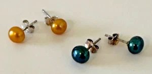 Genuine Dyed Pearl Stud Earrings Blue Green Honey Gold Sterling Silver Post 2 Pr - Picture 1 of 6