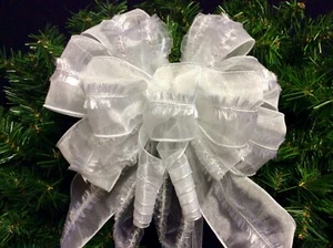 WHITE CHRISTMAS TREE TOPPER BOW LUXURY RIBBON DECORATION 20x50cm HANDMADE UK - Picture 1 of 5