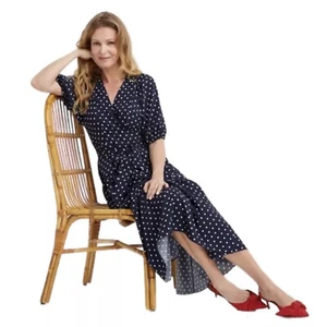 Draper James Priscilla Navy Tiered Wrap Midi Dress Polka Dot Short Puff Sleeve 6 - Picture 1 of 12