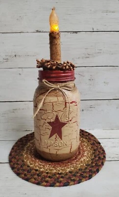 Primitive Lighted Mason Jar Crackle Painted Tan Barn Red StarJute Mat, Pip Berry - Image 1 of 4