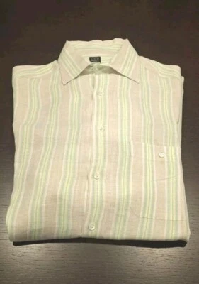 Camisa de lino para hombre Ike Behar camisa grande manga larga crema con rayas verdes azules Foto 1 de 4