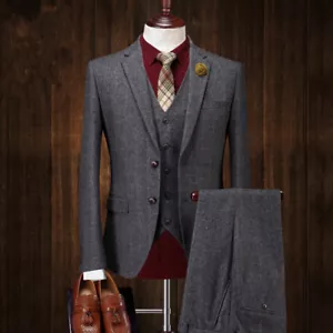 Traje de Boda Gris Carbón Vintage Tweed Espina de Arenque Esmoquin Traje de Boda A Medida - Imagen 1 de 10