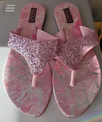 Sandálias tanga cintilante rosa metálica vintage tamanho 10 usadas - Imagem 1 de 4