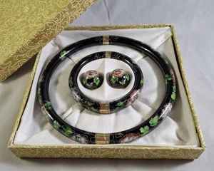Vtg Pink Lotus Black Cobalt Cloisonne Choker Bracelet Earrings Jewelry Boxed Set - Picture 1 of 15