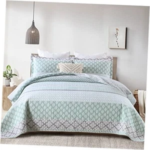 Quilt Set, 100% Cotton Floral Quilt, Queen Size, Queen(90"x98") Green/Gray - Picture 1 of 7