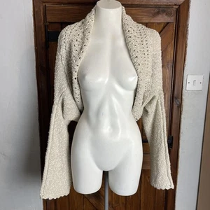 Carriag Donn Aran Vintage Beige Cotton Linen Hand Knit Shawl Cardigan Medium - Picture 1 of 8