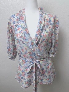 Old Navy Light Floral Puff Sleeve True Wrap Blouse Size L Fairy Boho Cottagecore - Picture 1 of 10