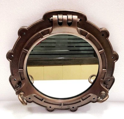 15" Antique Brown Finish Canal Boat Porthole-Window Ship Round Mirror Wall Home - Image 1 of 4