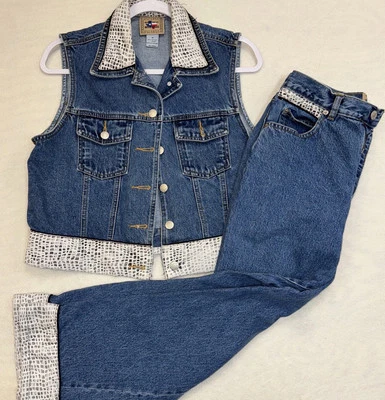 Don’t Mess With Texas 2pc Denim Vest And Jeans  Snakeskin Pattern Trim Size M/8 - Image 1 of 4