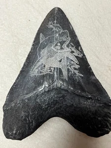 ALMOST Perfect Megalodon replica tooth 4&3/4" SCRIMSHAW WITH MEGALODON PICTURE - Picture 1 of 2