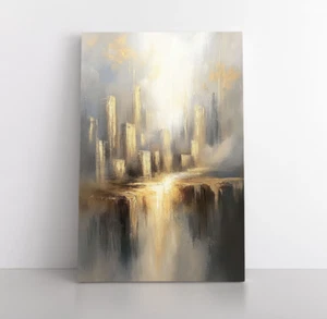 Heavenly Gold Abstract Painting Print on Framed Canvas Wall Art, Ethereal City - Picture 1 of 15