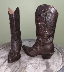 Stetson Brown Leather Cowboy Boots Pointed Toe Studded Cross Womens Sz 6.5B 6102 - Picture 1 of 10