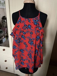 PAPAYA Ladies Red Blue Floral Chiffon Cold Shoulder 3/4 Sleeve Blouse Size 12 - Picture 1 of 8