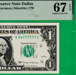 $1 Federal Reserve note LUCKY 7's Serial # 777777 PMG 67 - Picture 1 of 3