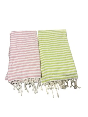 Turkish T Cotton Beach Towel Picnic Cloth Bath Towel Set Of 2 Pink Green Large - Image 1 of 4