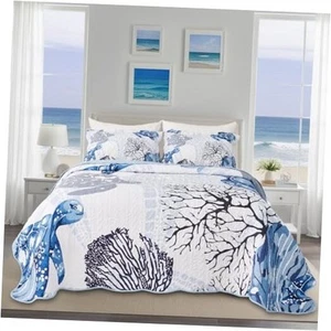Coastal Quilt Set Twin Size Reversible Summer Ocean Beach Themed Bedding with - Picture 1 of 8