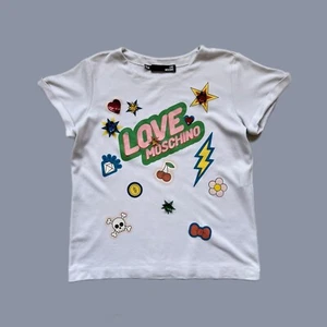 MOSCHINO Women's Streetwear White T-Shirt with Big Logo and Stickers Size S - Picture 1 of 7