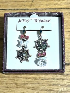 Betsey Johnson Gold Tone Ghost Drop Earrings With Pink Crystal Bow & Rhinestones - Picture 1 of 11