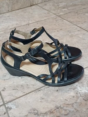 ECCO Sandals Womens Eu 37 Us 6 T Strappy Black Leather Open Toe Wedge Buckle - Image 1 of 4