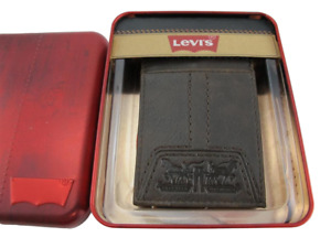 Levi's NEW Brown Leather Imprint Slim Sleek RFID Magnet Money Clip Mens Wallet