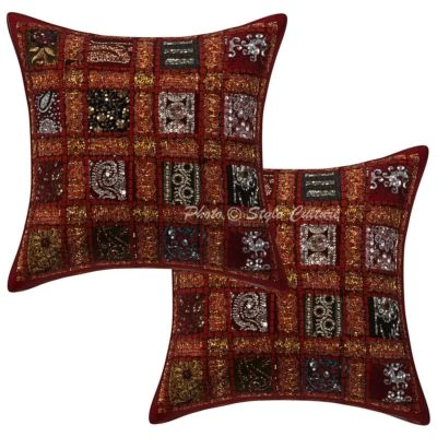 Handmade Sequins Patchwork Cotton Cushion Pillow Covers Maroon Geometrical Set - Image 1 of 3