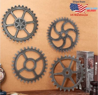 Steampunk Gear Wheel Wall Art Set Of 4 Vintage Industrial Decor For Home, NEW - Image 1 of 4