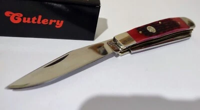 NAVAJA DE BOLSILLO DE CAZA ESCARCHA JIGGED HUESO ROJO STOCK ANTIGUO ¡TRAMPA ROSTFEI ALEMANA! Foto 1 de 4