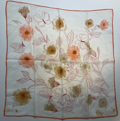 Vintage Vera Neumann Scarf Sheer Silk Butterfly Floral Orange Beige Stain - Image 1 of 4