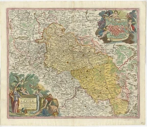 Antike Karte von Schlesien, Südwestpolen und eine Stadtansicht von Breslau - Bild 1 von 1