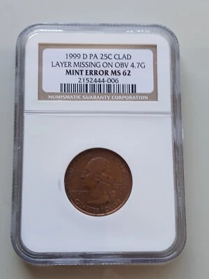 1999 D Pennsylvania State Quarter MISSING OBV CLAD LAYER NGC62 - Image 1 of 3