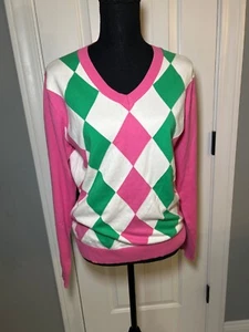 Lilly Pulitzer V Sweater Pink White Green Women’s Argyle Sz Med Free Shipping! - Picture 1 of 6